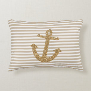 Gold Stripes Nautical Anchor Accent Pillow