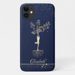 Gold Stripes,Navy Blue,Tree Women Silhouette iPhone 11 Case