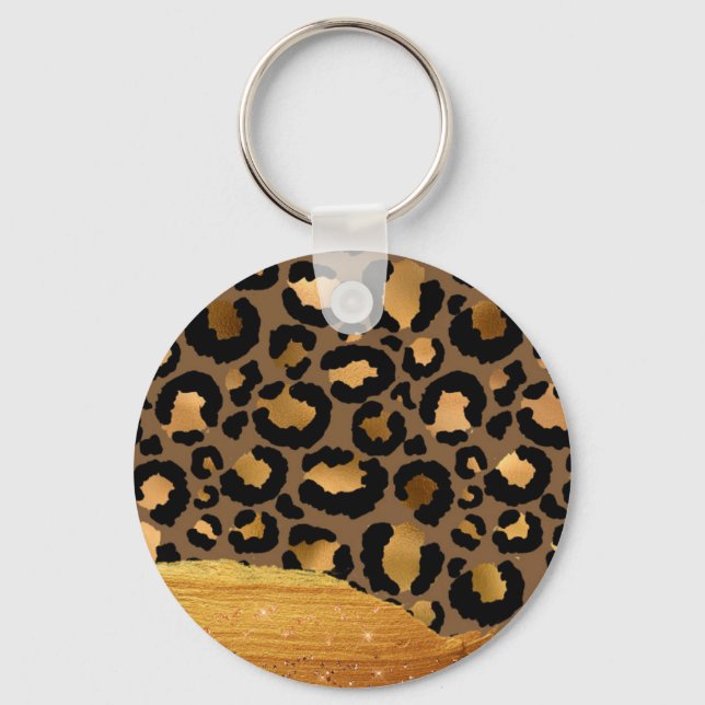 Gold Stripes on Metal Glamour Cheetah Skin Keychain (Front)
