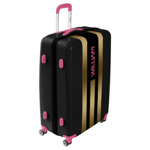 Gold Stripes Pattern Black Background Monogram Luggage