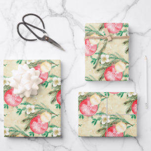 Gold Stripes Pink Christmas Balls Wrapping Paper Sheets