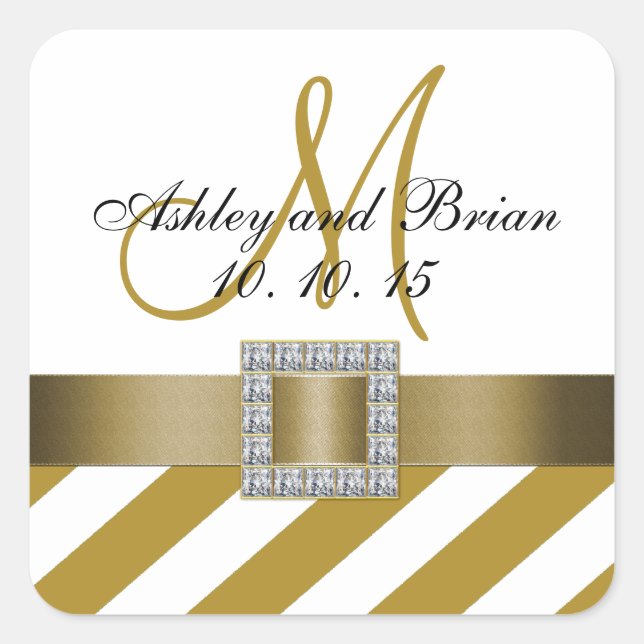 Gold Stripes Ribbon Monogram Wedding Favor Label (Front)