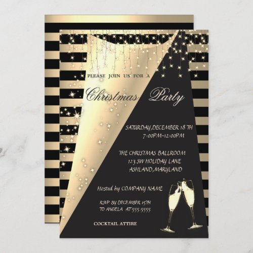 Gold Stripes Stars Lights Company Christmas Party Invitation