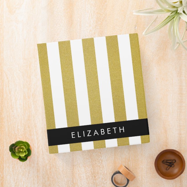 Gold Stripes, Striped Pattern, Lines, Your Name 3 Ring Binder (In Situ)
