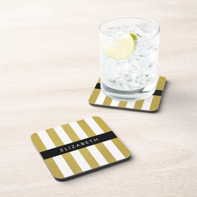 Gold Stripes, Striped Pattern, Lines, Your Name Beverage Coaster (Right Side)