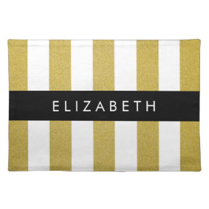 Gold Stripes, Striped Pattern, Lines, Your Name Cloth Placemat