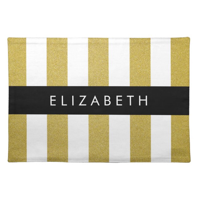 Gold Stripes, Striped Pattern, Lines, Your Name Cloth Placemat (Front)