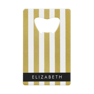 Gold Stripes, Striped Pattern, Lines, Your Name Credit Card Bottle Opener