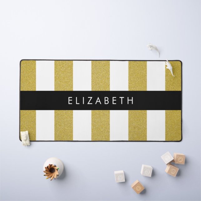 Gold Stripes, Striped Pattern, Lines, Your Name Desk Mat (Kids Table)