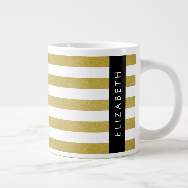 Gold Stripes, Striped Pattern, Lines, Your Name Giant Coffee Mug (Right)