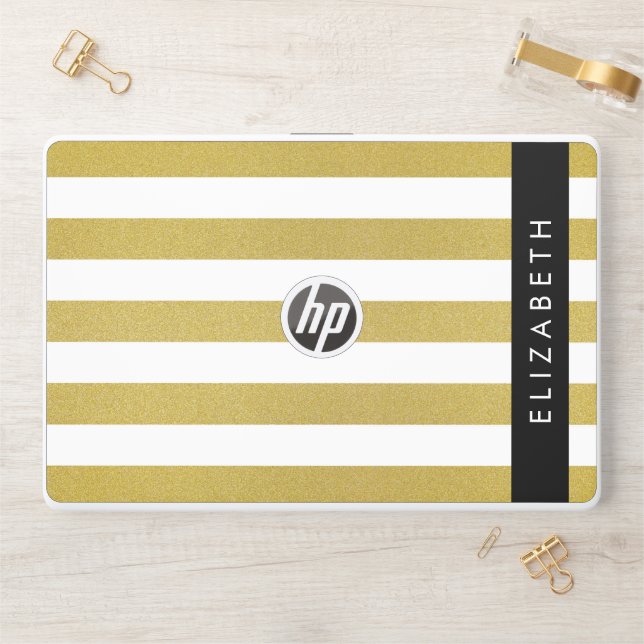 Gold Stripes, Striped Pattern, Lines, Your Name HP Laptop Skin (Desk)
