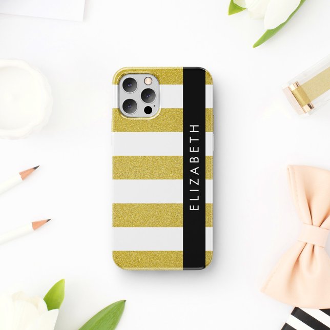 Gold Stripes, Striped Pattern, Lines, Your Name iPhone Case (Creator Uploaded)