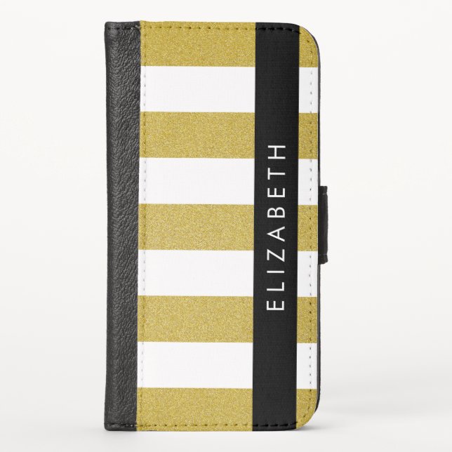 Gold Stripes, Striped Pattern, Lines, Your Name iPhone Wallet Case (Front)