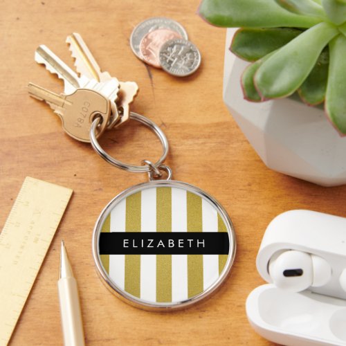 Gold Stripes Striped Pattern Lines Your Name Keychain