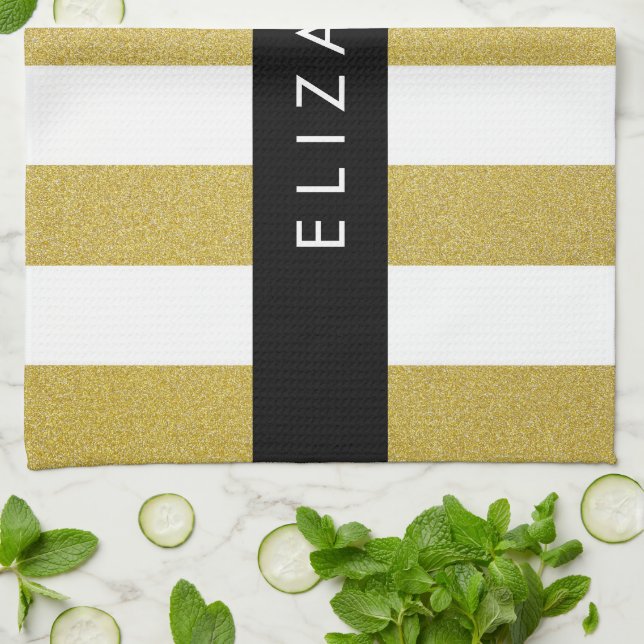 Gold Stripes, Striped Pattern, Lines, Your Name Kitchen Towel (Folded)