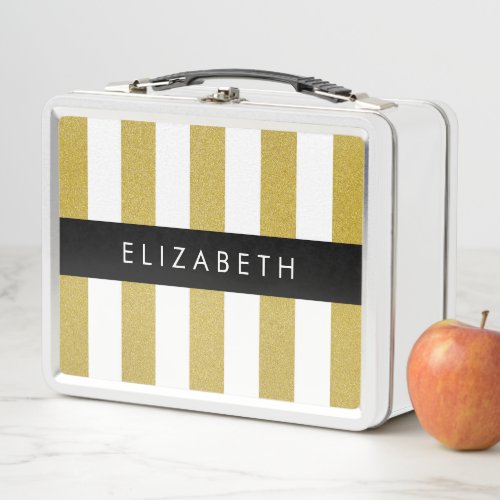 Gold Stripes Striped Pattern Lines Your Name Metal Lunch Box
