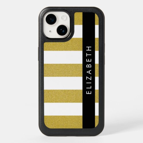 Gold Stripes Striped Pattern Lines Your Name OtterBox iPhone 14 Case