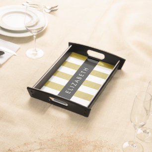 Gold Stripes, Striped Pattern, Lines, Your Name Serving Tray