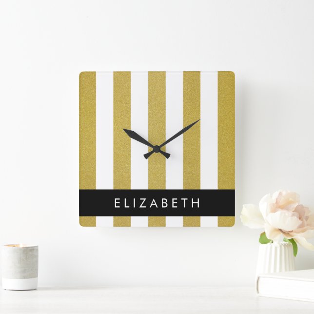 Gold Stripes, Striped Pattern, Lines, Your Name Square Wall Clock (Home)