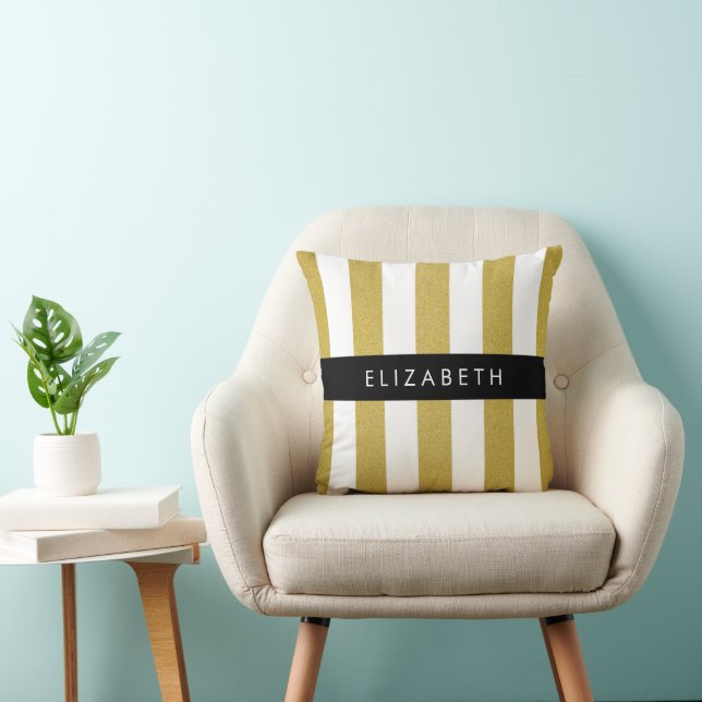 Gold Stripes, Striped Pattern, Lines, Your Name Throw Pillow (Chair)