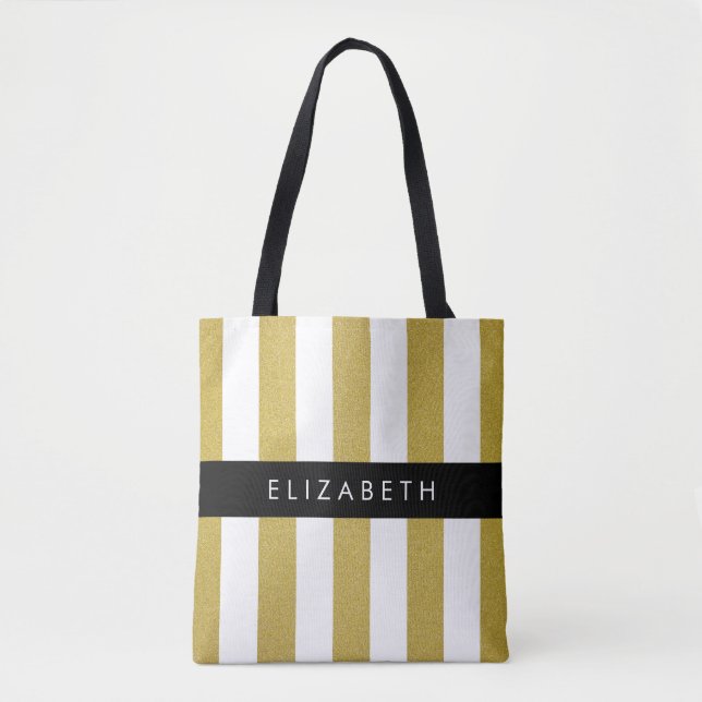 Gold Stripes, Striped Pattern, Lines, Your Name Tote Bag (Front)