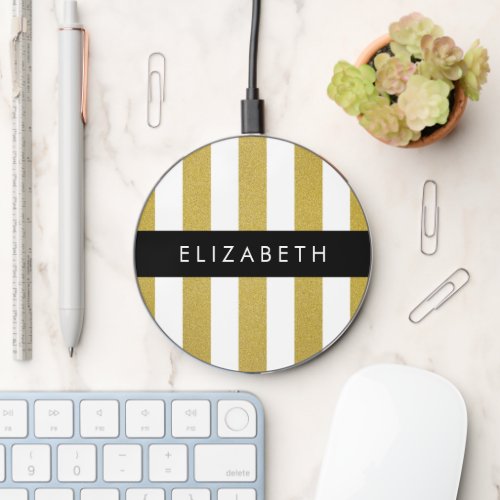 Gold Stripes Striped Pattern Lines Your Name Wireless Charger