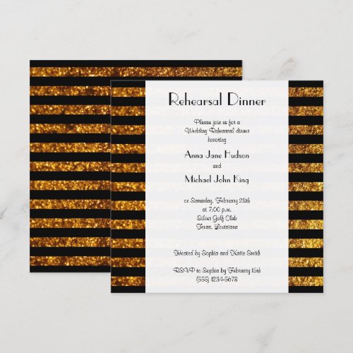 Rehearsal Dinner Glitter Stripes Lines Gold Black Personalized Announcement