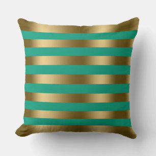 Gold Stripes Turquoise Background Throw Pillow