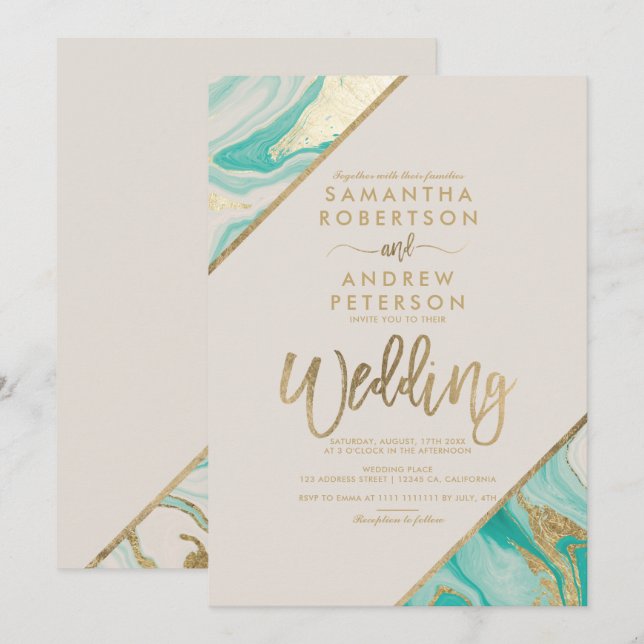 Gold stripes typography turquoise marble wedding invitation (Front/Back)