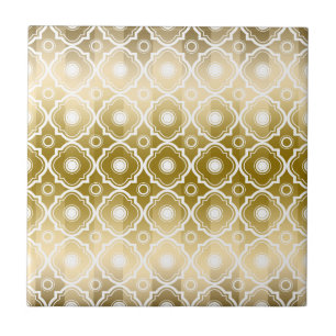 Gold Stripes & White Quatrefoil Geometric Ceramic Tile