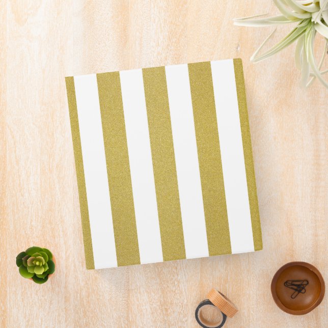 Gold Stripes, White Stripes, Striped Pattern 3 Ring Binder (In Situ)