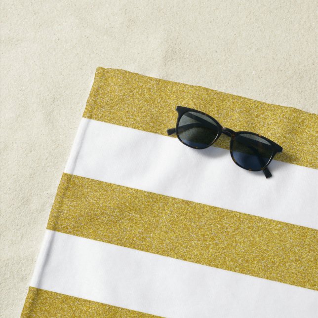 Gold Stripes, White Stripes, Striped Pattern Beach Towel (In Situ)