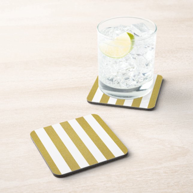 Gold Stripes, White Stripes, Striped Pattern Beverage Coaster (Right Side)