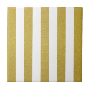 Gold Stripes, White Stripes, Striped Pattern Ceramic Tile