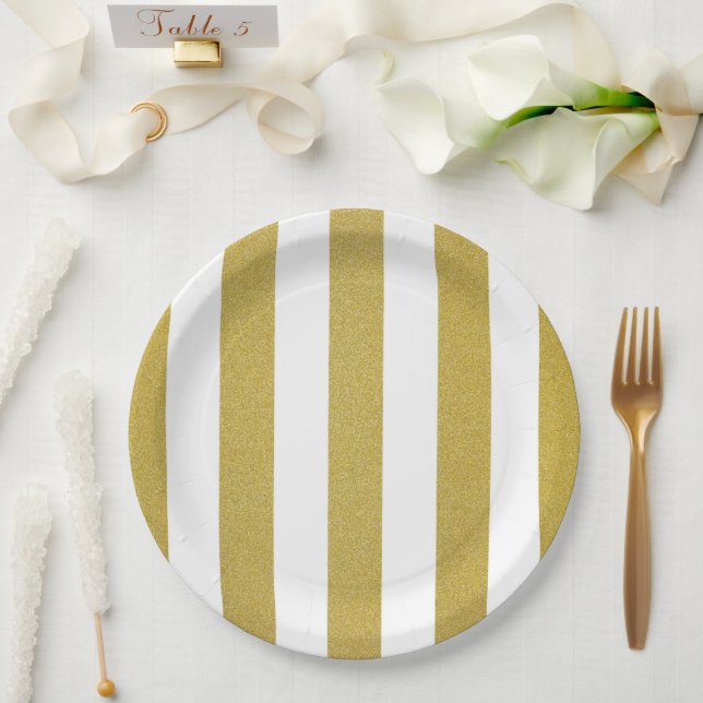 Gold Stripes, White Stripes, Striped Pattern Paper Plates (Wedding)