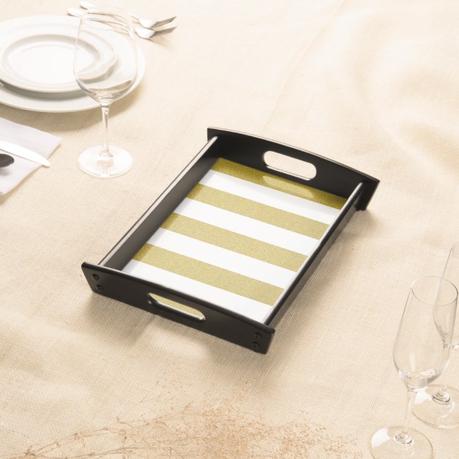 Gold Stripes, White Stripes, Striped Pattern Serving Tray (Front)