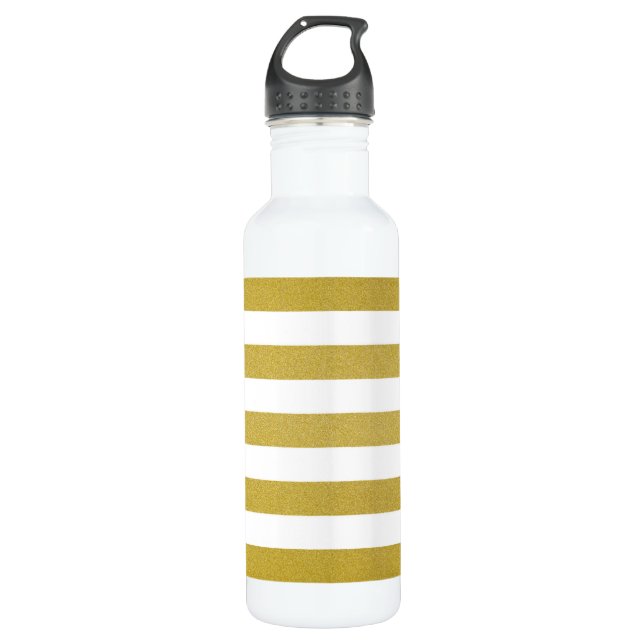 Gold Stripes, White Stripes, Striped Pattern Stainless Steel Water Bottle (Front)
