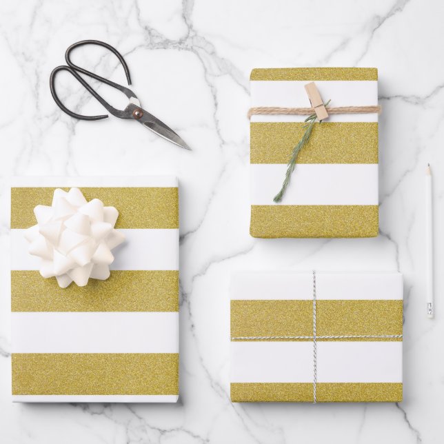 Gold Stripes, White Stripes, Striped Pattern Wrapping Paper Sheets (Front)