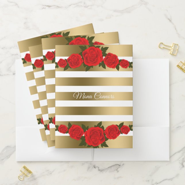 Gold Stripes With Red Roses Pocket Folder (In Situ)