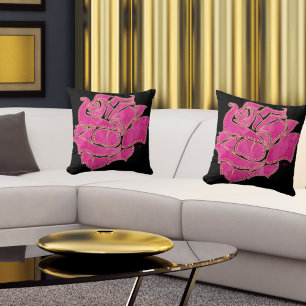 Gold Studded Pink Watercolor Rose Black Throw Pill Pillow