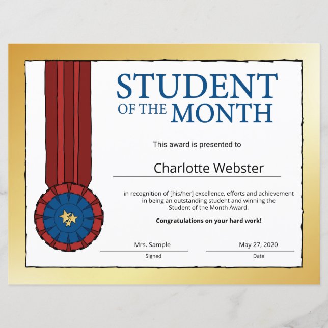Gold Student of the Month Award Honor Certificate (Front)