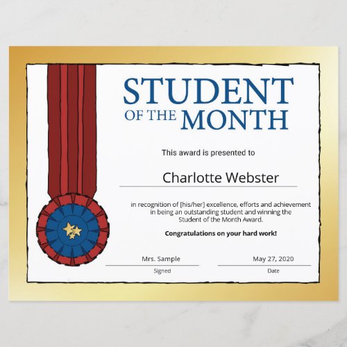 Gold Student of the Month Award Honor Certificate