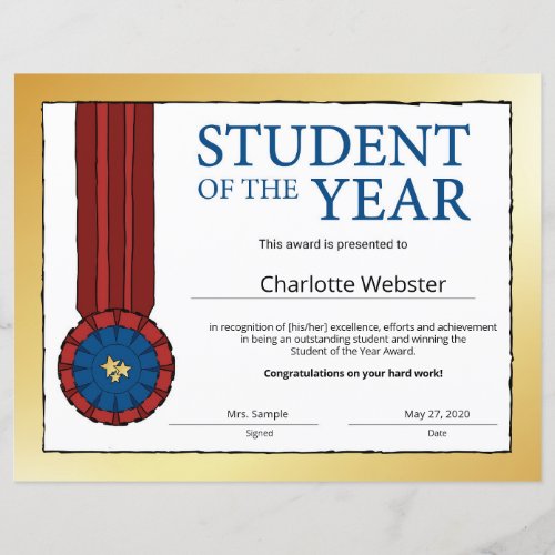 Gold Student of the Year Award Honor Certificate