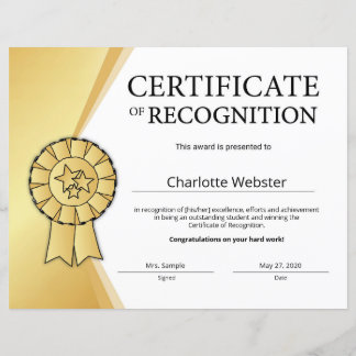 Gold Student Recognition Certificates Award
