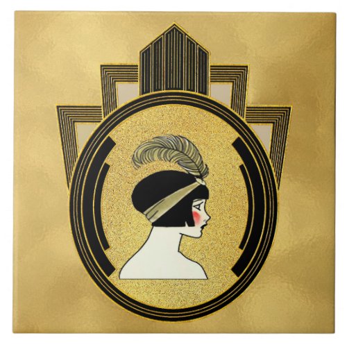 Gold Style Art Deco Flapper Ceramic Tile