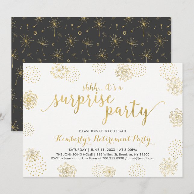 Gold | Stylish Modern Surprise Retirement Party Invitation (Front/Back)