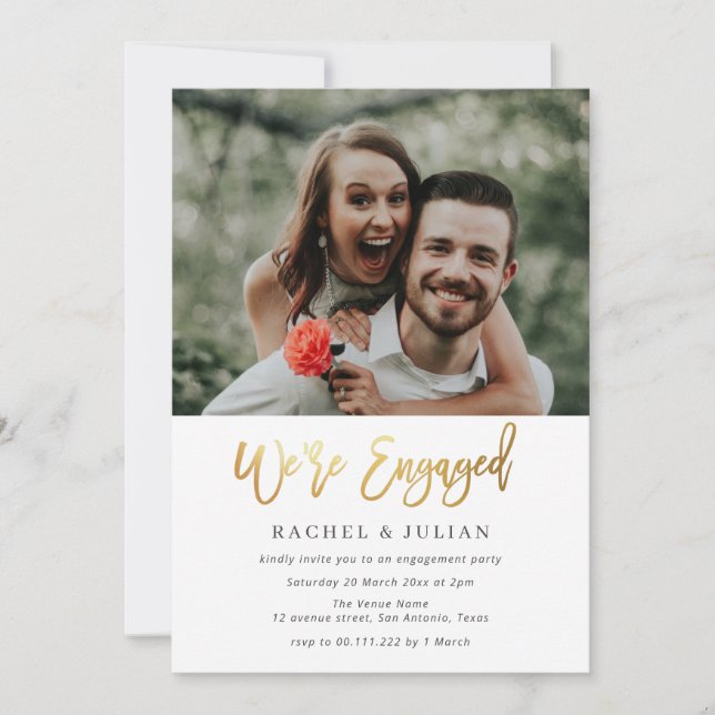 Gold stylish text photo engagement party  invitation (Front)