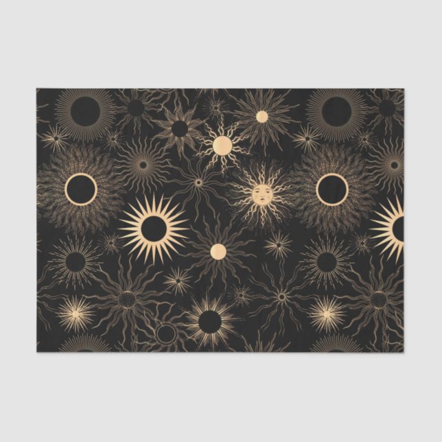Gold stylized sun sunburst black textured tissue paper (Front)