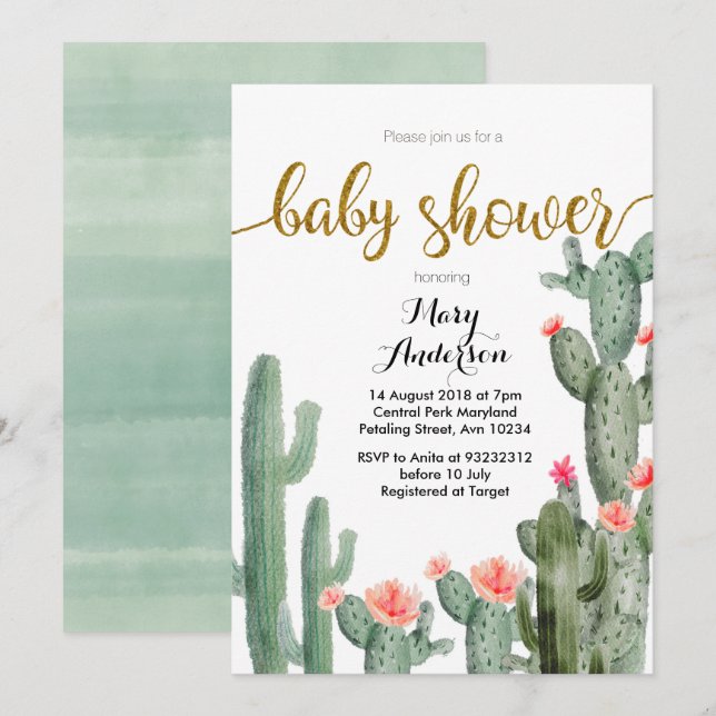 Gold Succulent summer Baby Shower Invitation Pink (Front/Back)