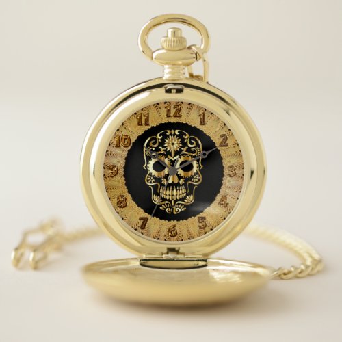 Gold sugar skull cranium design pocket watch